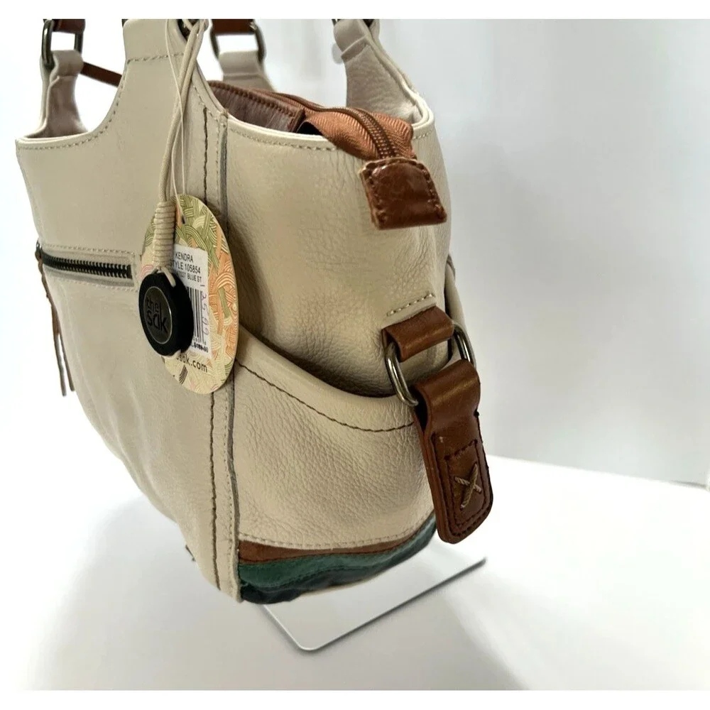 The Sak Kendra Leather Satchel Bag Cream Tan Blue Green Colorblock NWT 1990's